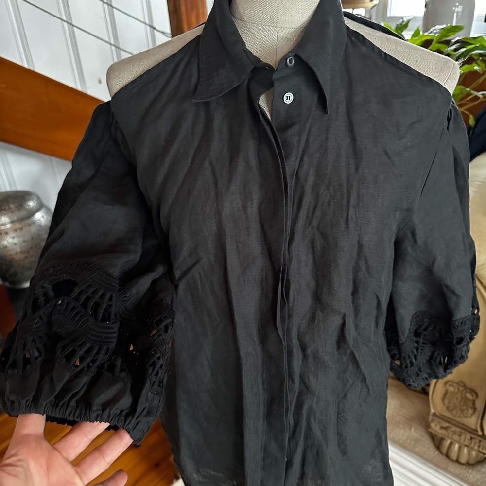 Hemp Black Blouse with Lace Sleeves and nude shoulders